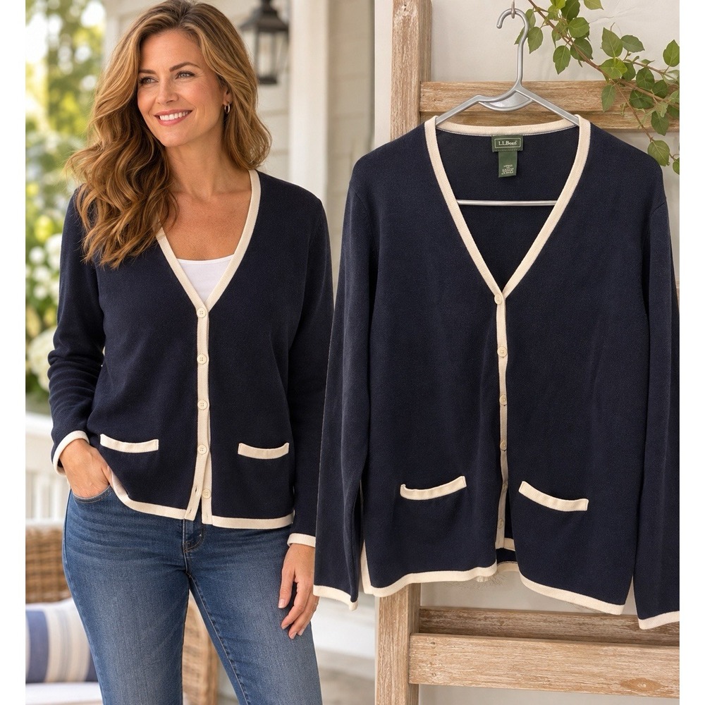 L.L.Bean Womens XL Cardigan Navy Cream Contrast Trim Cotton Rayon Preppy Coastal